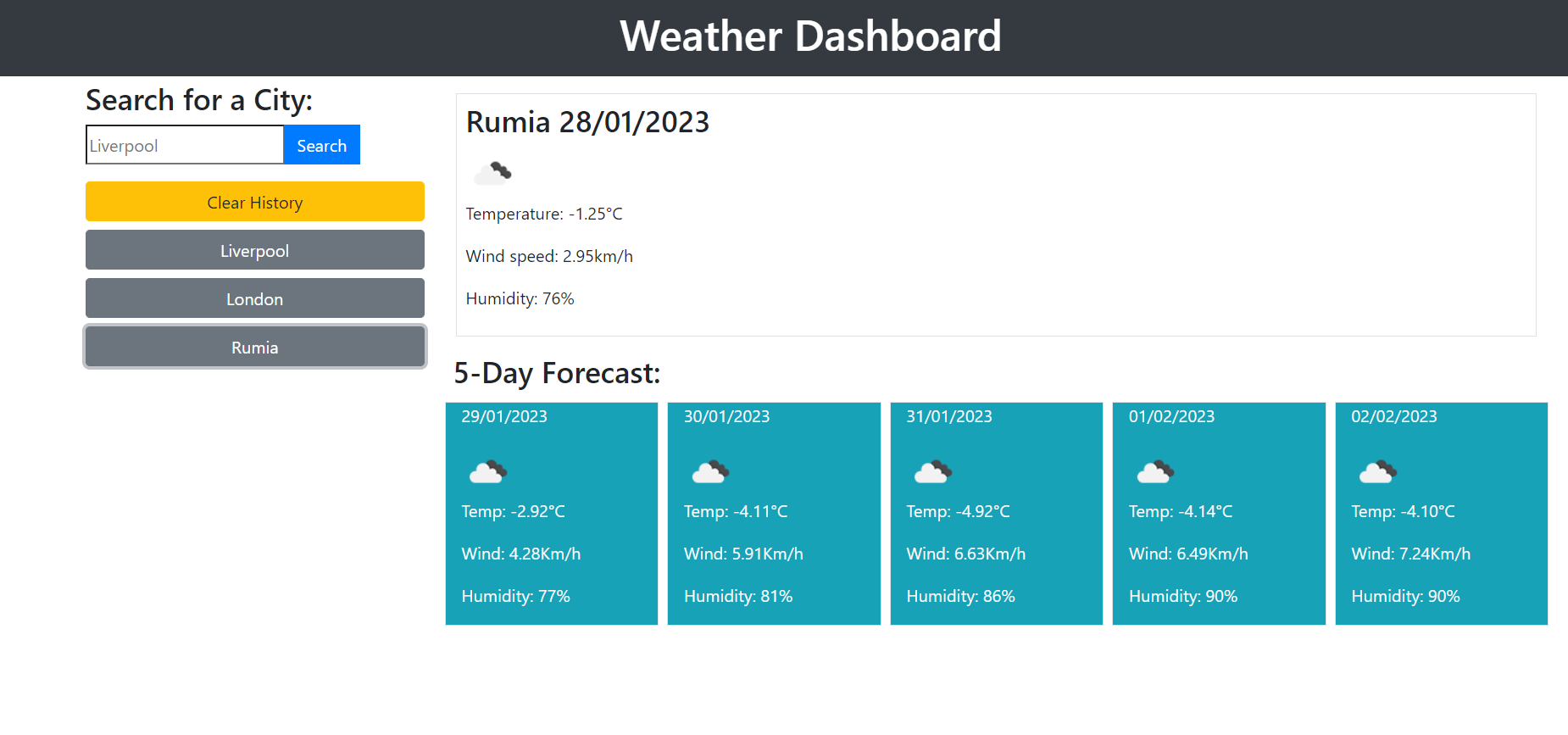 screenshot of weather dashboard deplyed